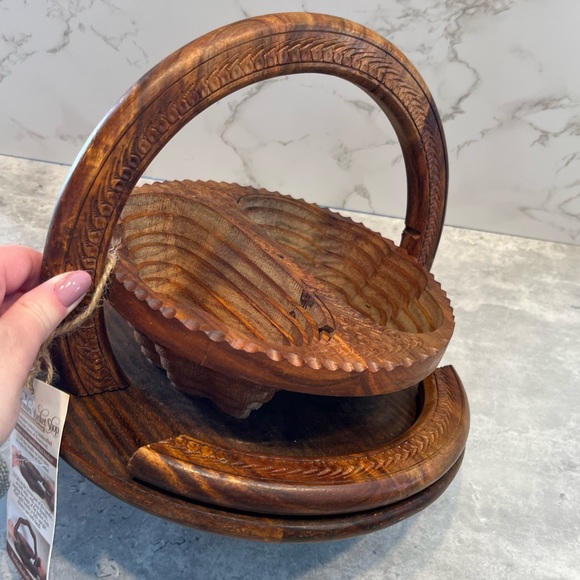 Wooden Collapsible Carved Basket/Trivet Two Compartments Rosewood NEW - Picture 11 of 14